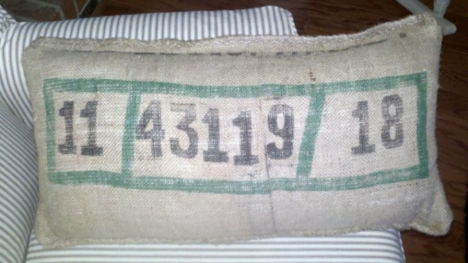 Old burlap bag used for a pillow.